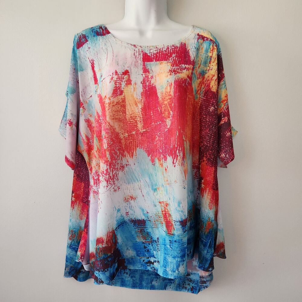 Jess & Jane Top Women L Orange Turquoise Abstract Tunic Whimsical Artsy Vibrant